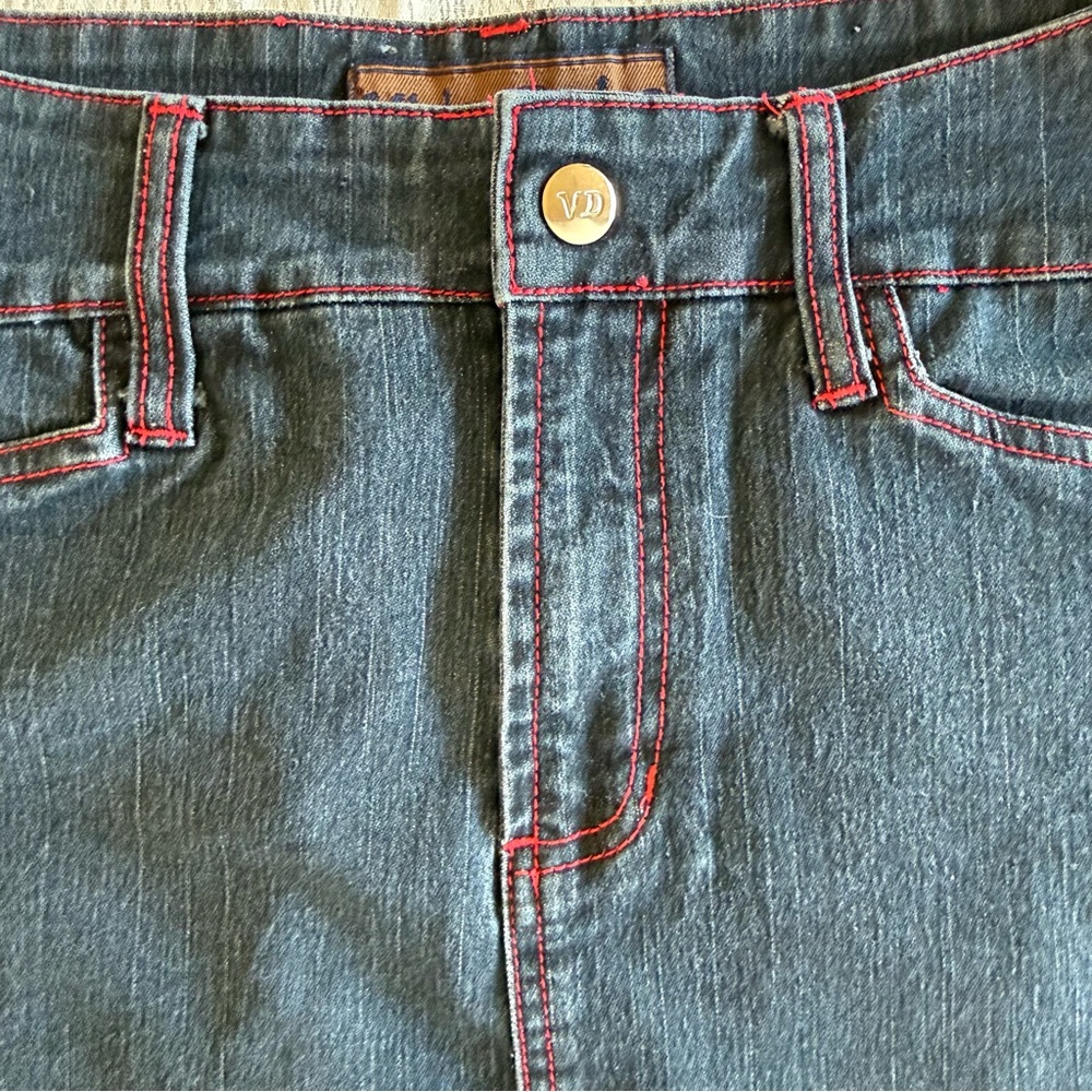 Womens Size 7/8 Dark Wash Denim Mini Skirt Red Stitch Low Rise - Picture 5 of 13